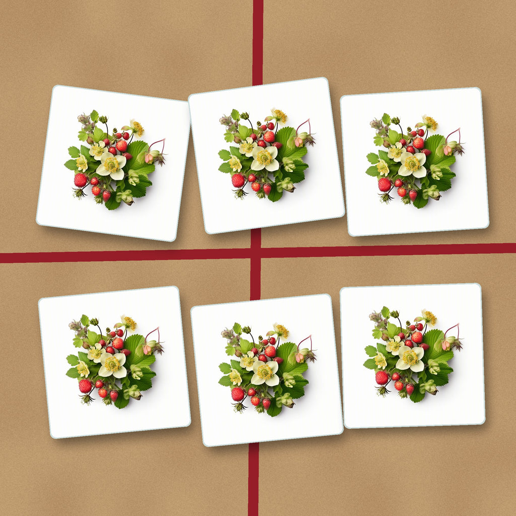 Strawberries & Blossom square glass coasters on kraft gift wrap