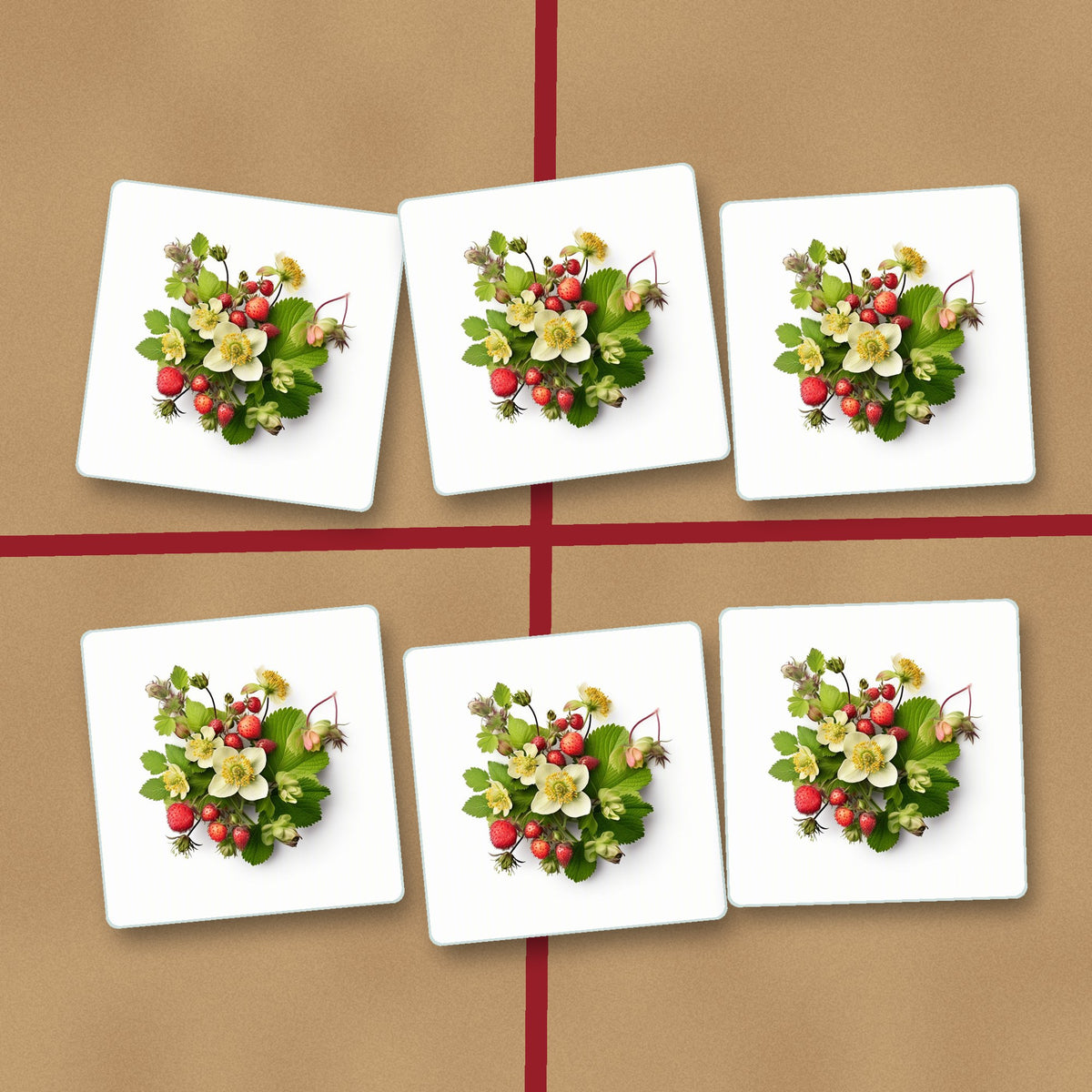 Strawberries & Blossom square glass coasters on kraft gift wrap