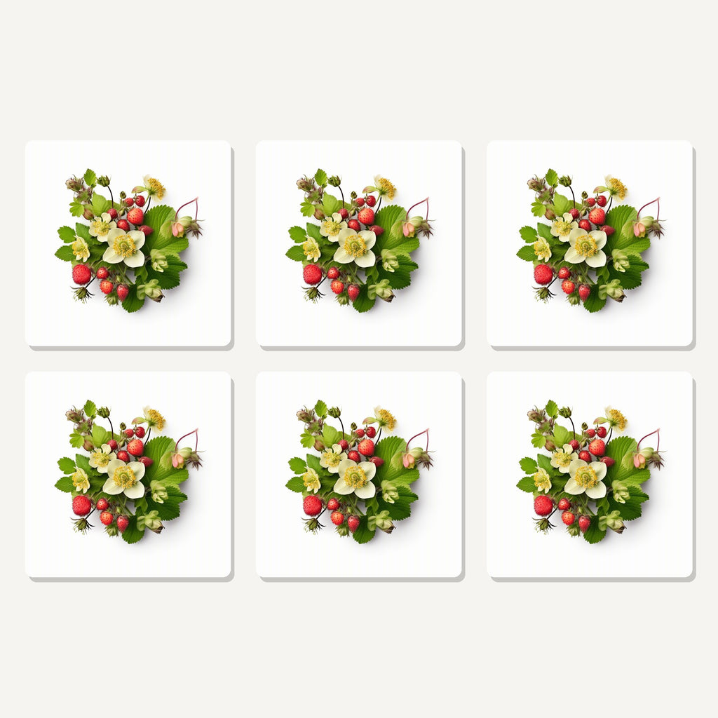 Flat lay of the strawberries & blossom artwork on six square coasters