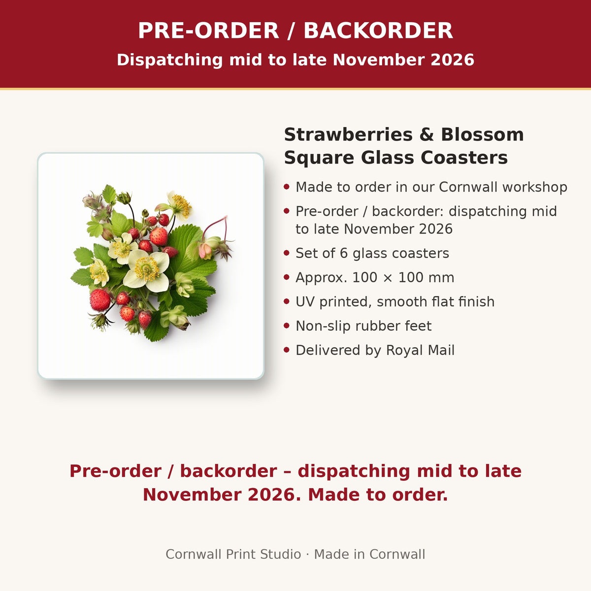 Info card: Strawberries & Blossom Square Glass Coasters – Set of 6, made to order, dispatching mid to late November 2026, delivered by Royal Mail