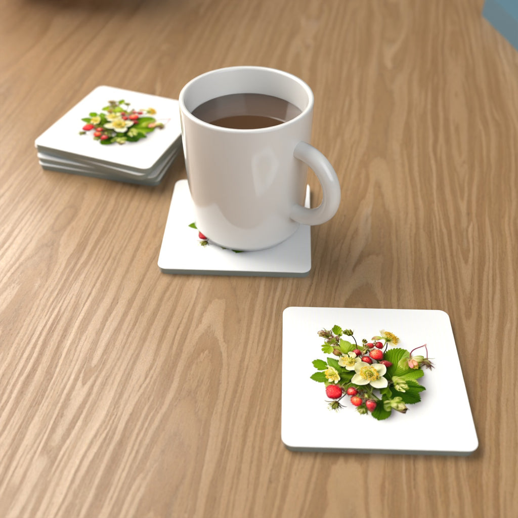 Strawberries & Blossom Square Glass Coasters – Set of 6 – lifestyle mockup with a mug of coffee