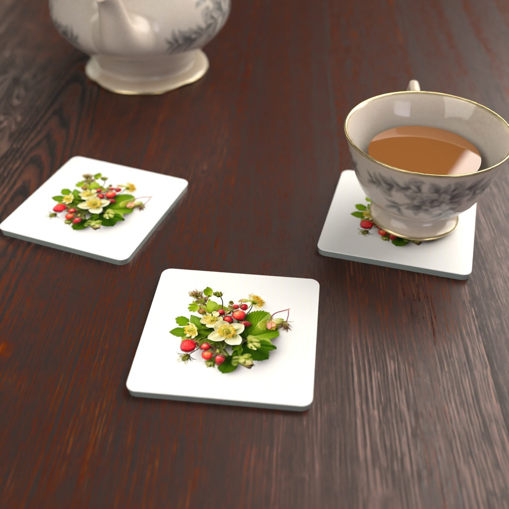 Strawberries & Blossom Square Glass Coasters – Set of 6 – lifestyle mockup with a teacup