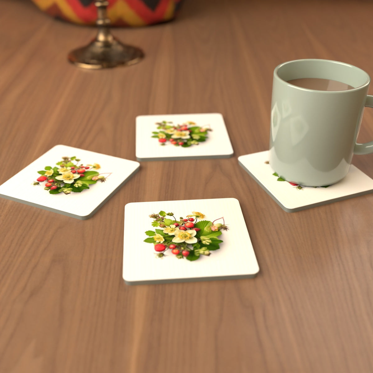 Strawberries & Blossom Square Glass Coasters – Set of 6 – cosy lifestyle mockup