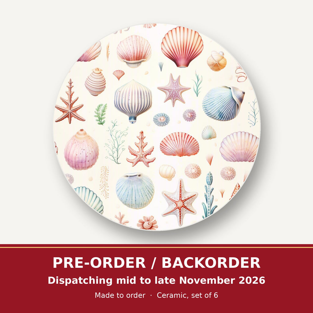 Seashell Pattern round ceramic coaster set of 6 – pre-order / backorder, dispatching mid to late November 2026