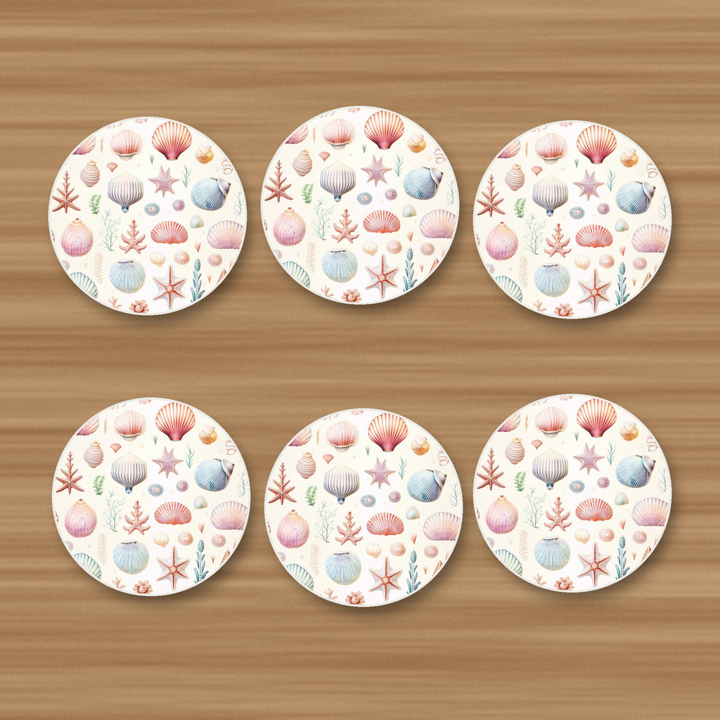Seashell Pattern round ceramic coasters, set of 6, on an oak coffee table