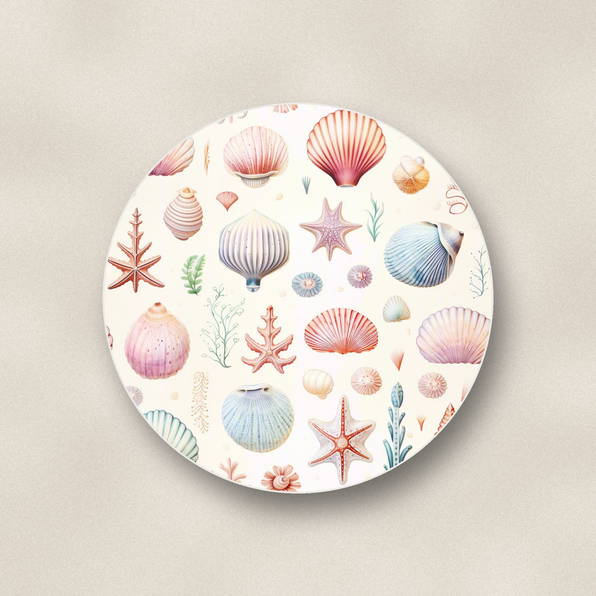 Close-up of one seashell pattern round ceramic coaster, flat UV print
