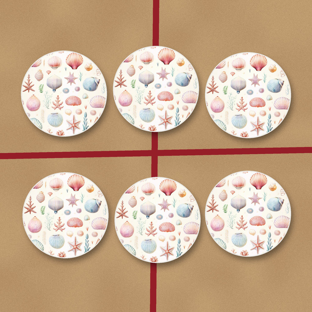 Seashell Pattern round ceramic coasters on kraft gift wrap