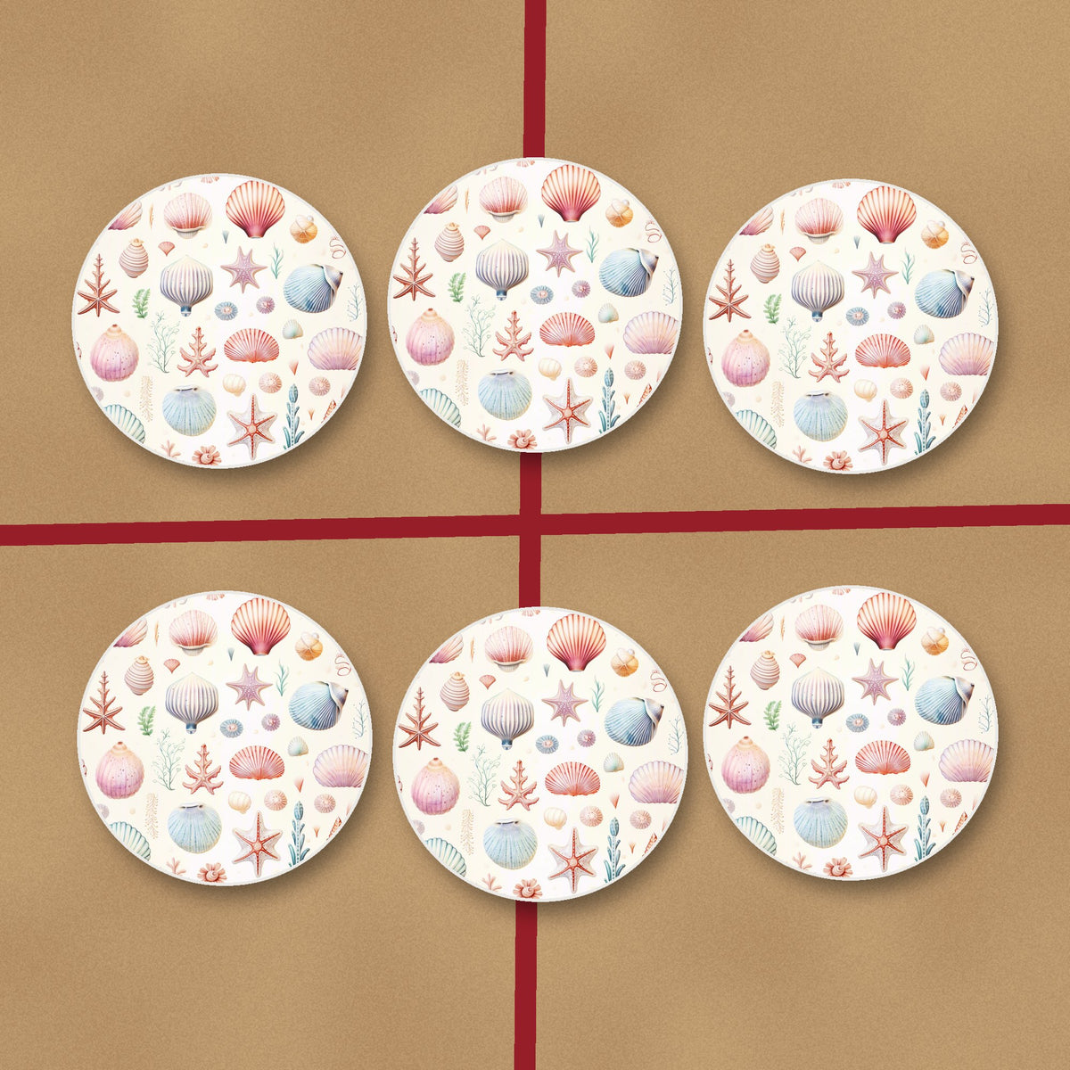 Seashell Pattern round ceramic coasters on kraft gift wrap