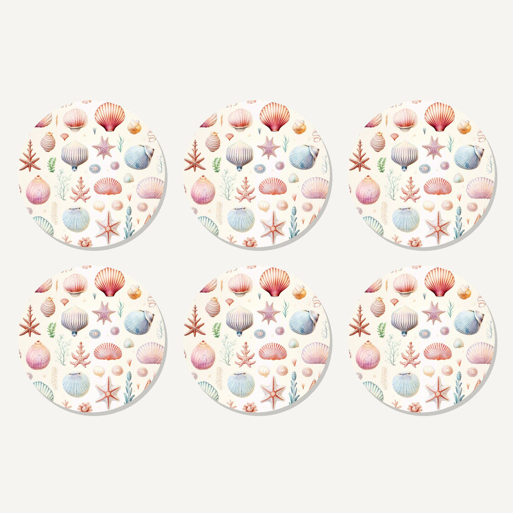 Flat lay of the seashell pattern artwork on six round coasters