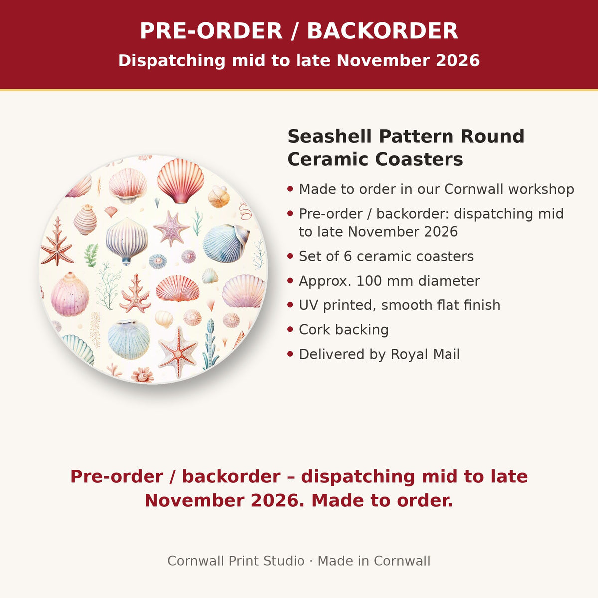 Info card: Seashell Pattern Round Ceramic Coasters – Set of 6, made to order, dispatching mid to late November 2026, delivered by Royal Mail