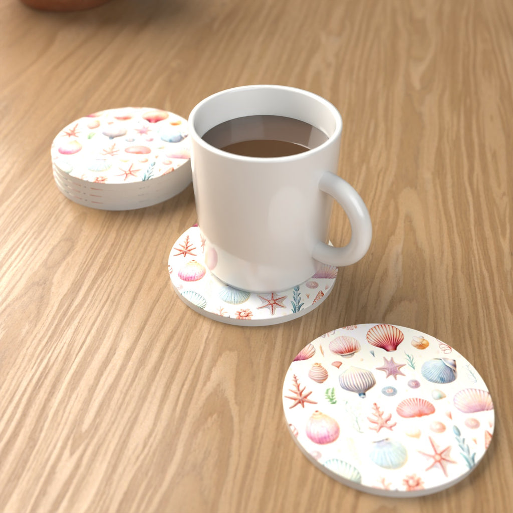 Seashell Pattern Round Ceramic Coasters – Set of 6 – lifestyle mockup with a mug of coffee