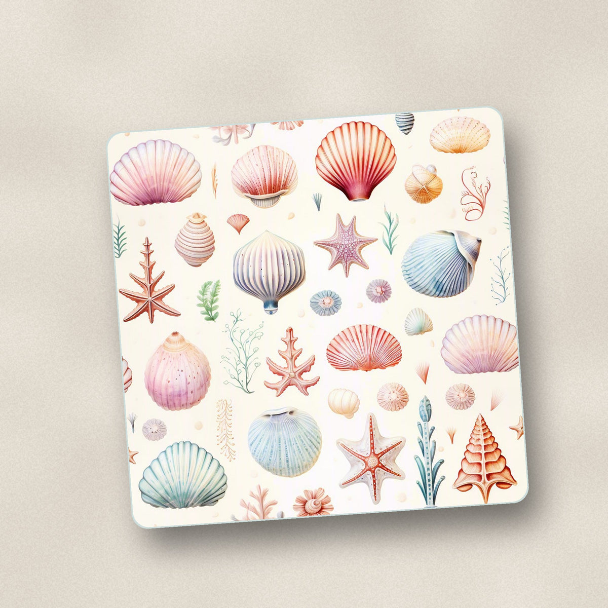 Close-up of one seashell pattern square glass coaster, flat UV print