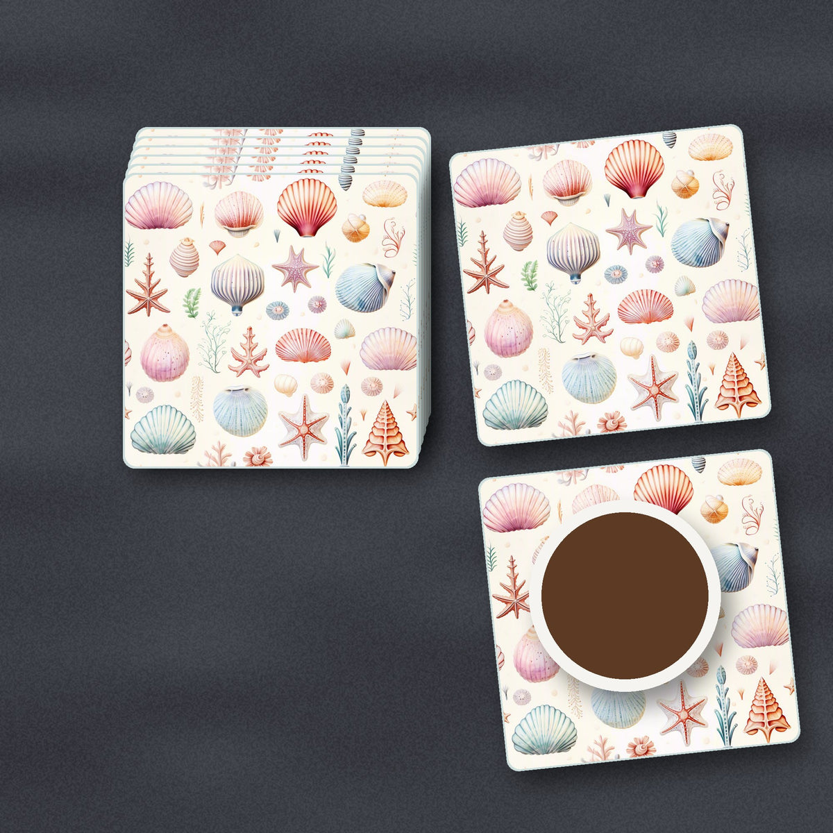 Seashell Pattern square glass coasters stacked on a slate kitchen worktop