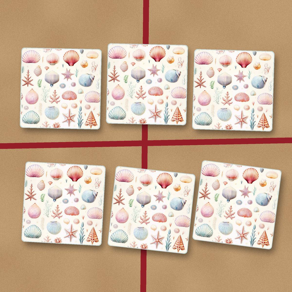 Seashell Pattern square glass coasters on kraft gift wrap