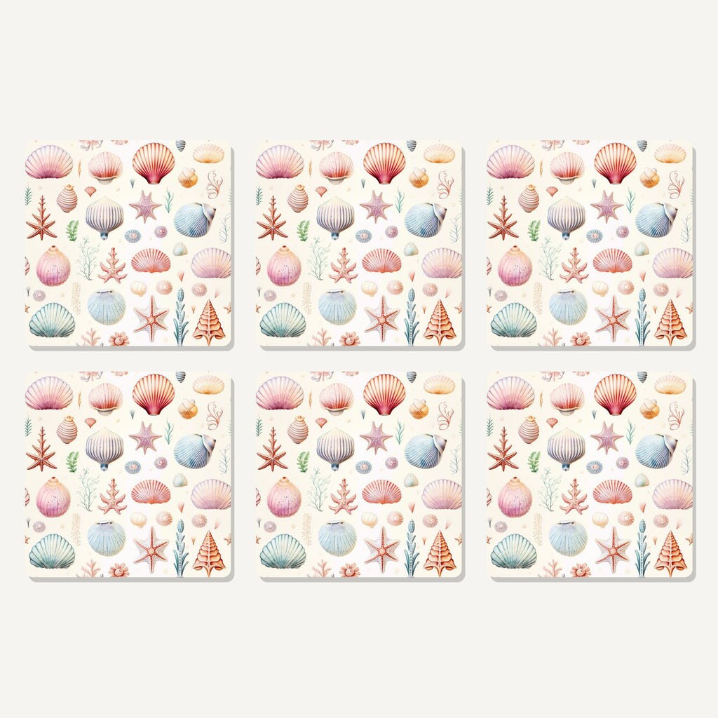 Flat lay of the seashell pattern artwork on six square coasters