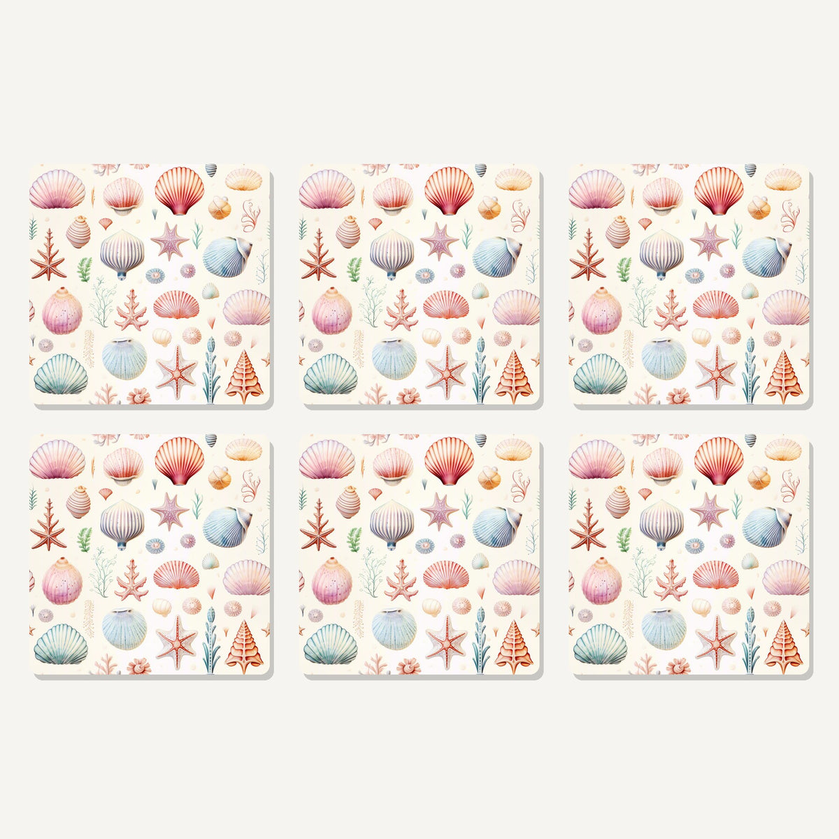 Flat lay of the seashell pattern artwork on six square coasters