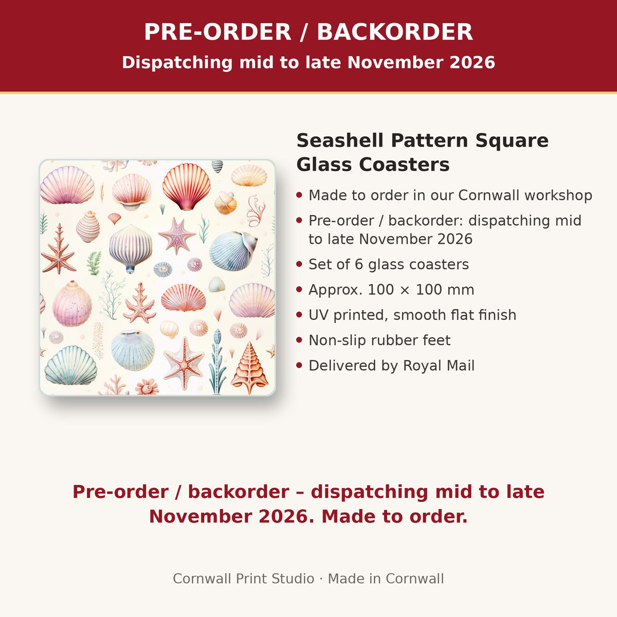 Info card: Seashell Pattern Square Glass Coasters – Set of 6, made to order, dispatching mid to late November 2026, delivered by Royal Mail