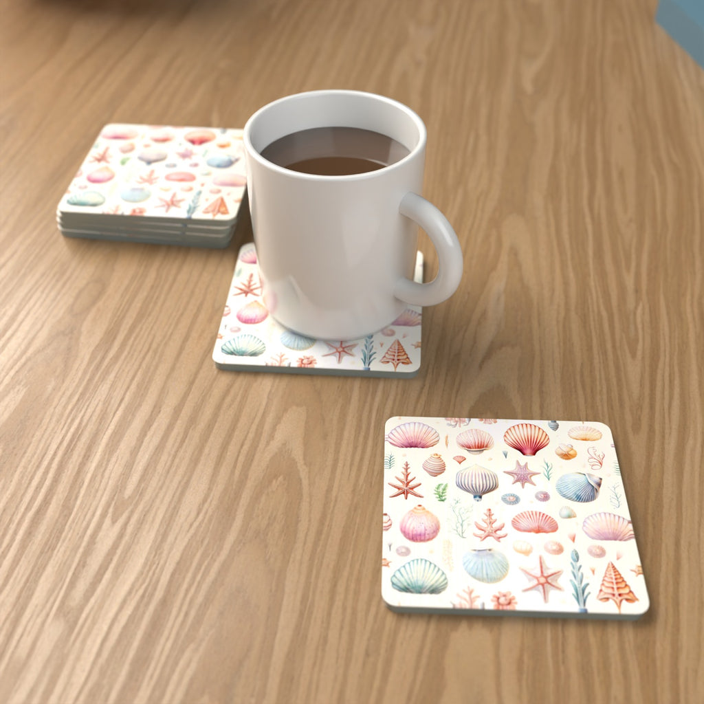 Seashell Pattern Square Glass Coasters – Set of 6 – lifestyle mockup with a mug of coffee