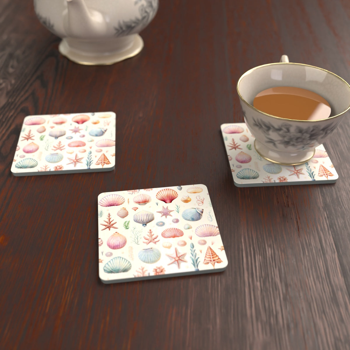 Seashell Pattern Square Glass Coasters – Set of 6 – lifestyle mockup with a teacup