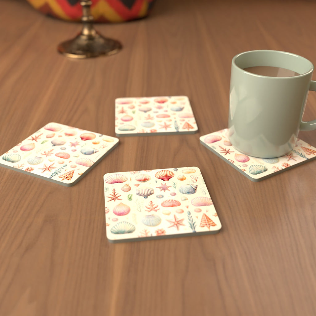 Seashell Pattern Square Glass Coasters – Set of 6 – cosy lifestyle mockup