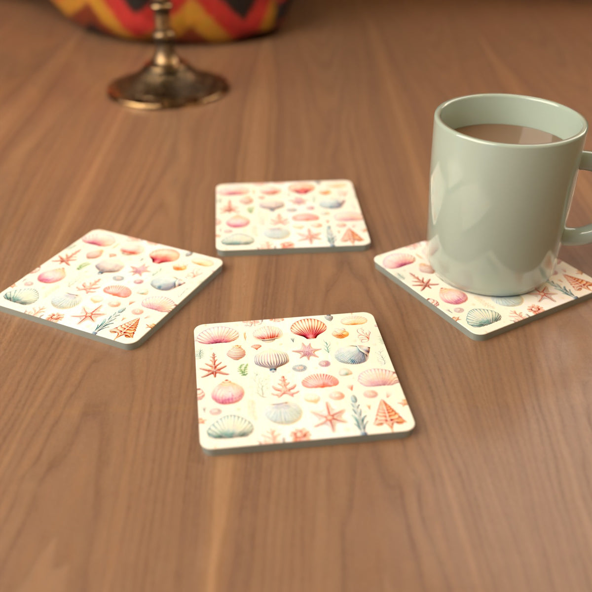 Seashell Pattern Square Glass Coasters – Set of 6 – cosy lifestyle mockup