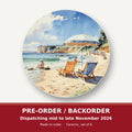 Watercolour Beach Deckchairs & Cliffs round ceramic coaster set of 6 – pre-order / backorder, dispatching mid to late November 2026