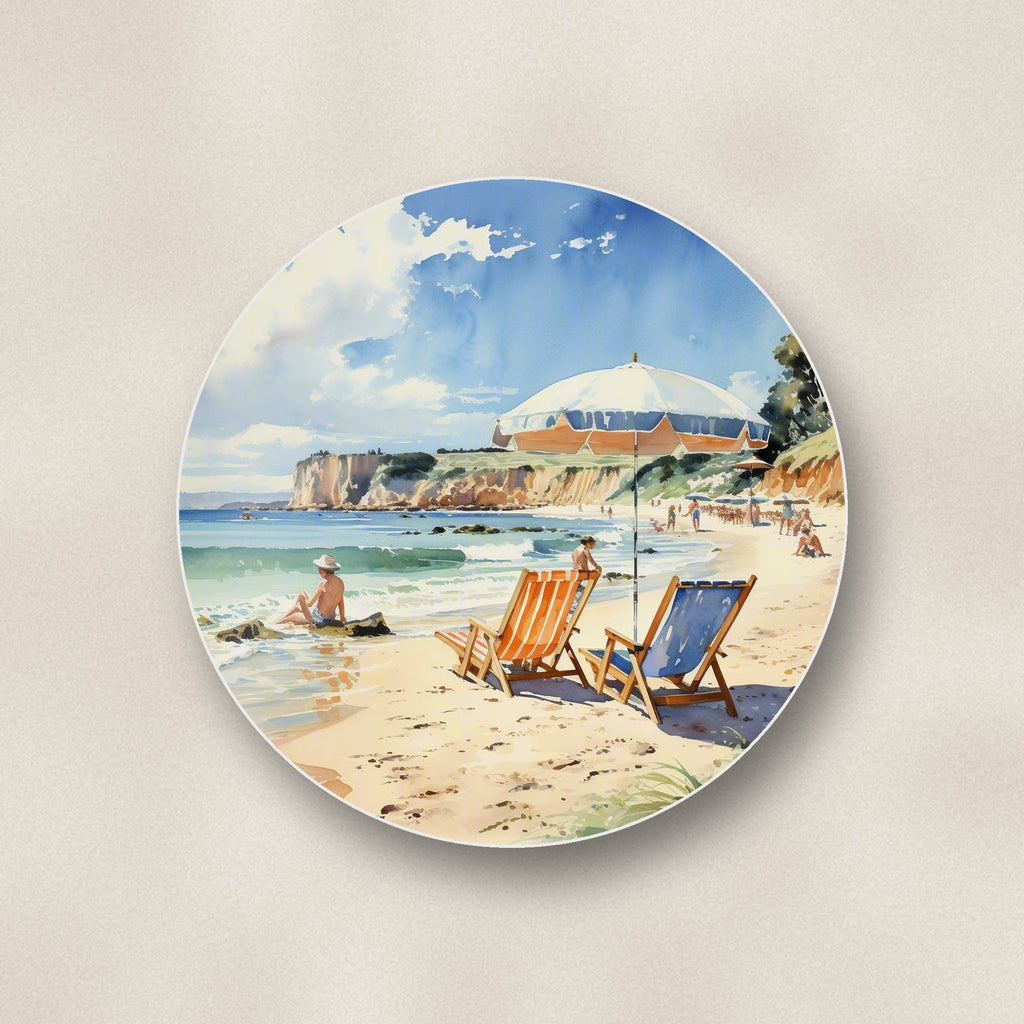 Close-up of one watercolour beach deckchairs & cliffs round ceramic coaster, flat UV print