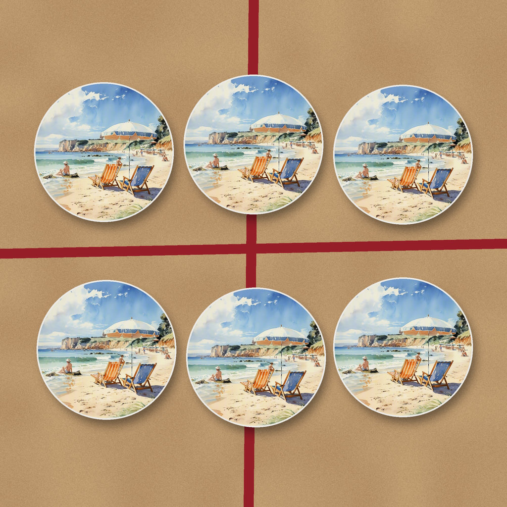 Watercolour Beach Deckchairs & Cliffs round ceramic coasters on kraft gift wrap