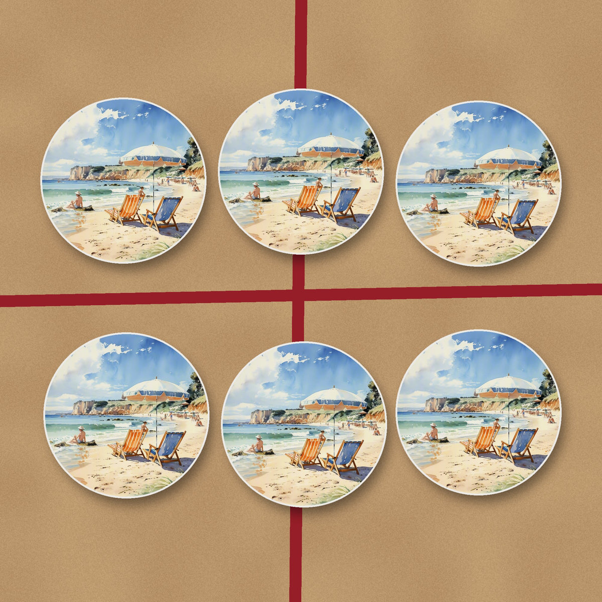 Watercolour Beach Deckchairs & Cliffs round ceramic coasters on kraft gift wrap