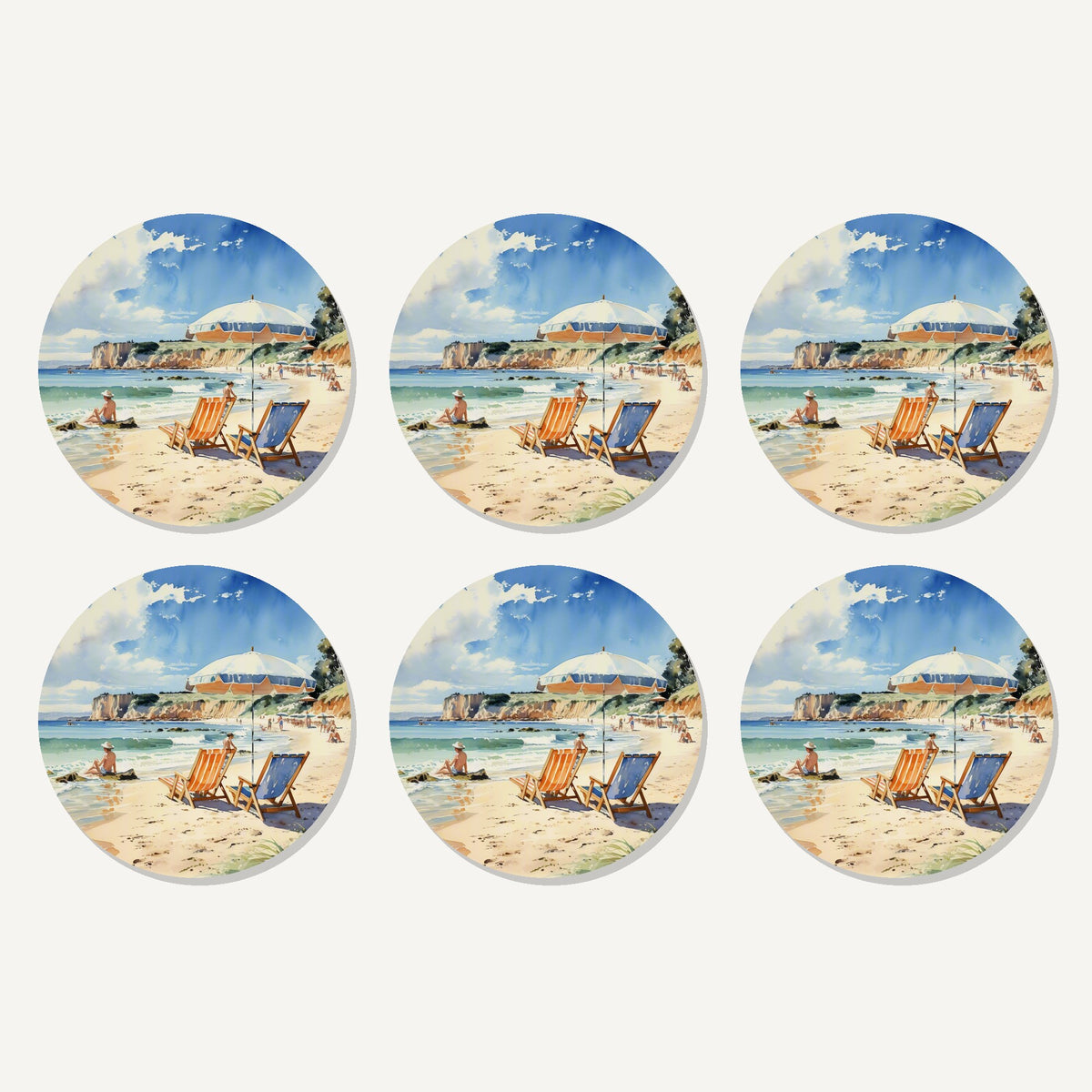 Flat lay of the watercolour beach deckchairs & cliffs artwork on six round coasters