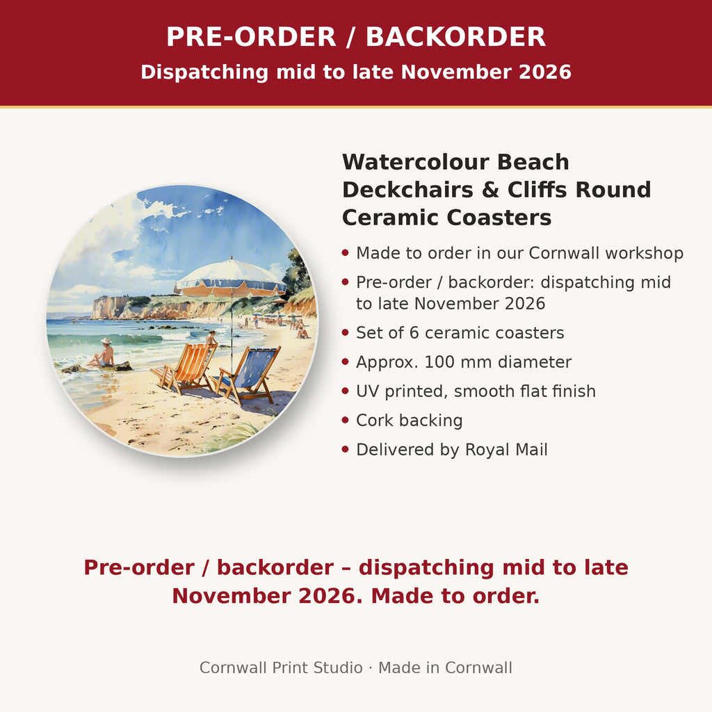 Info card: Watercolour Beach Deckchairs & Cliffs Round Ceramic Coasters – Set of 6, made to order, dispatching mid to late November 2026, delivered by Royal Mail