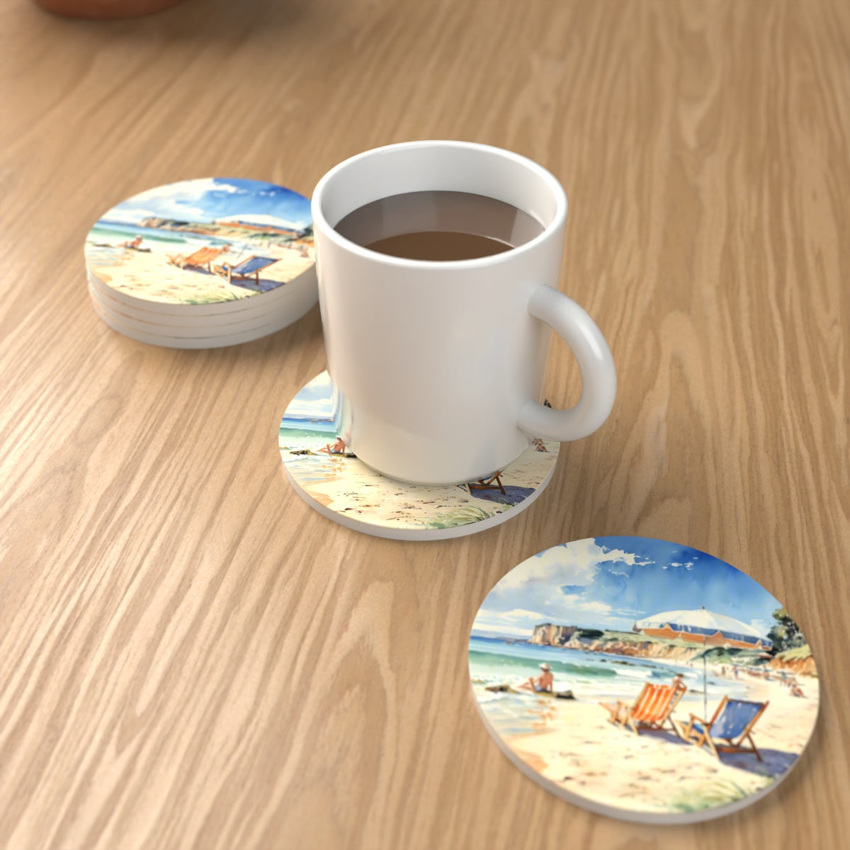 Watercolour Beach Deckchairs & Cliffs Round Ceramic Coasters – Set of 6 – lifestyle mockup with a mug of coffee