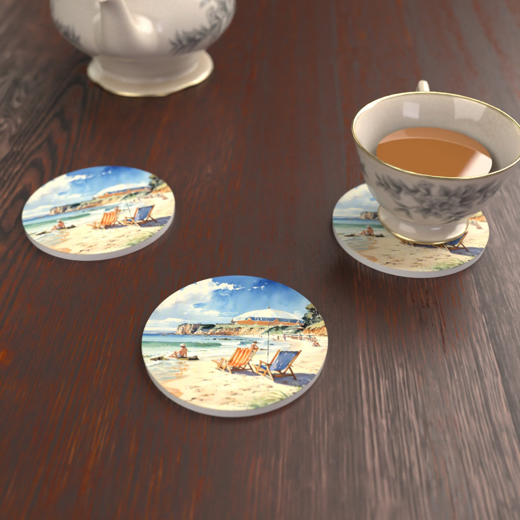 Watercolour Beach Deckchairs & Cliffs Round Ceramic Coasters – Set of 6 – lifestyle mockup with a teacup