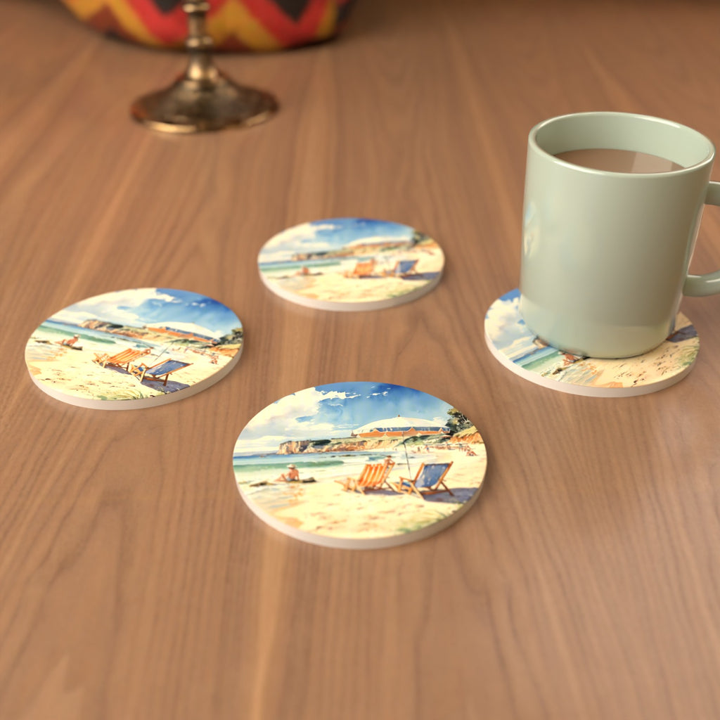 Watercolour Beach Deckchairs & Cliffs Round Ceramic Coasters – Set of 6 – cosy lifestyle mockup
