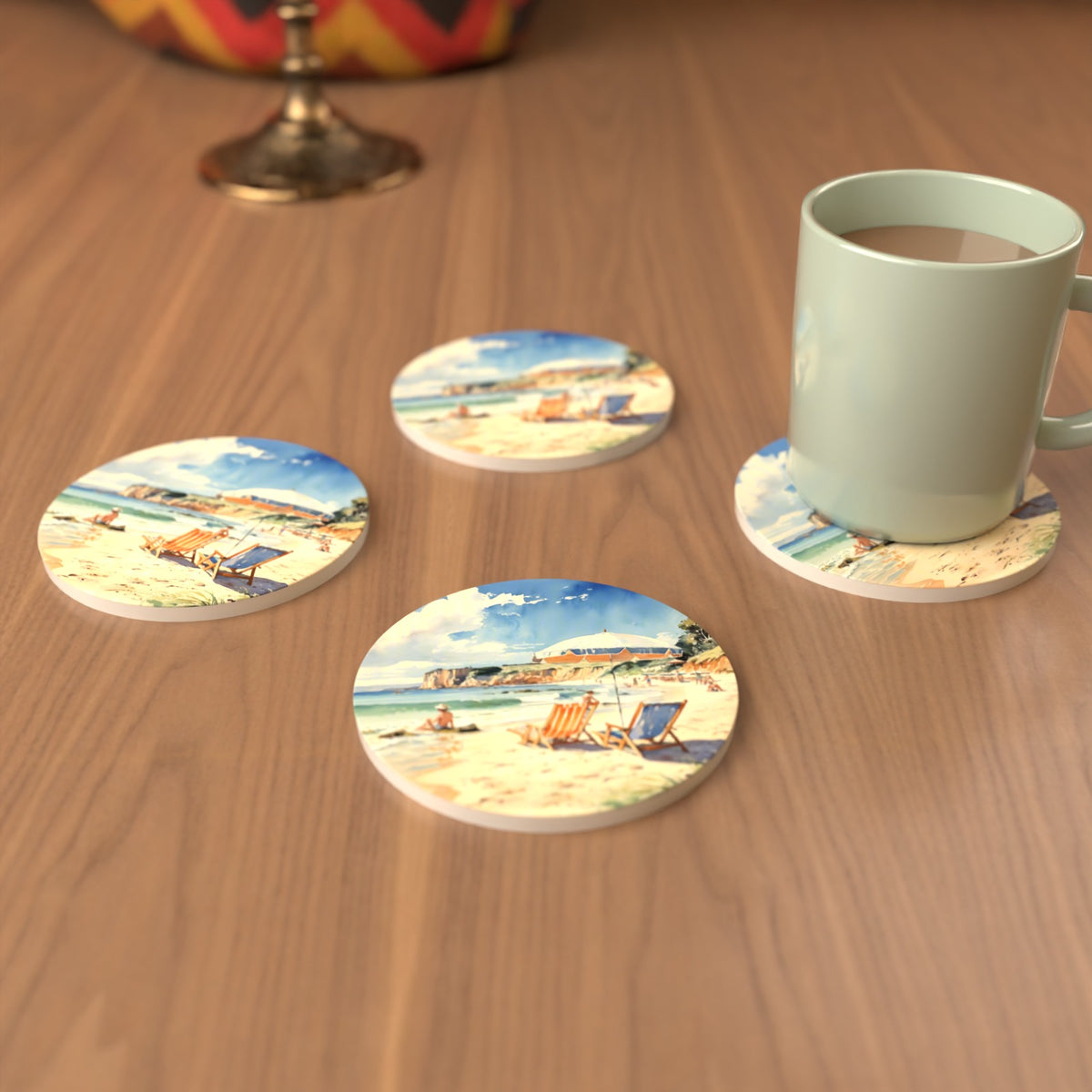 Watercolour Beach Deckchairs & Cliffs Round Ceramic Coasters – Set of 6 – cosy lifestyle mockup