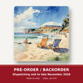Watercolour Beach Deckchairs & Cliffs square glass coaster set of 6 – pre-order / backorder, dispatching mid to late November 2026