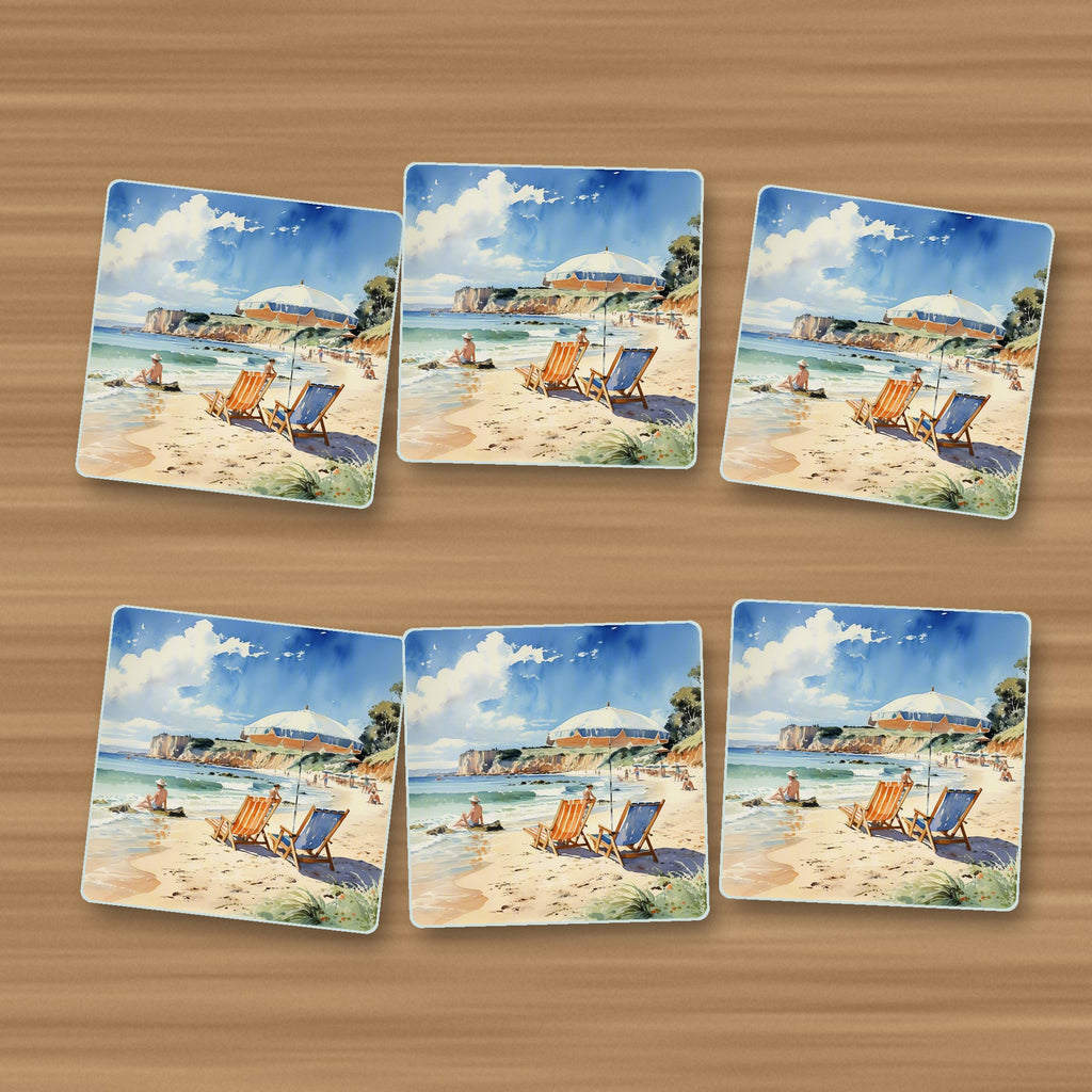 Watercolour Beach Deckchairs & Cliffs square glass coasters, set of 6, on an oak coffee table