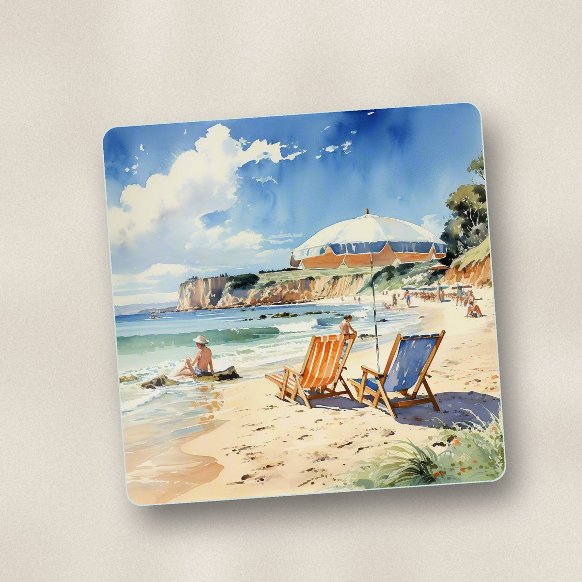 Close-up of one watercolour beach deckchairs & cliffs square glass coaster, flat UV print
