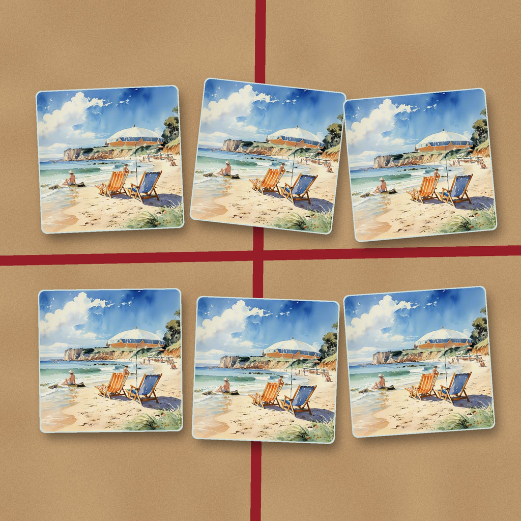 Watercolour Beach Deckchairs & Cliffs square glass coasters on kraft gift wrap