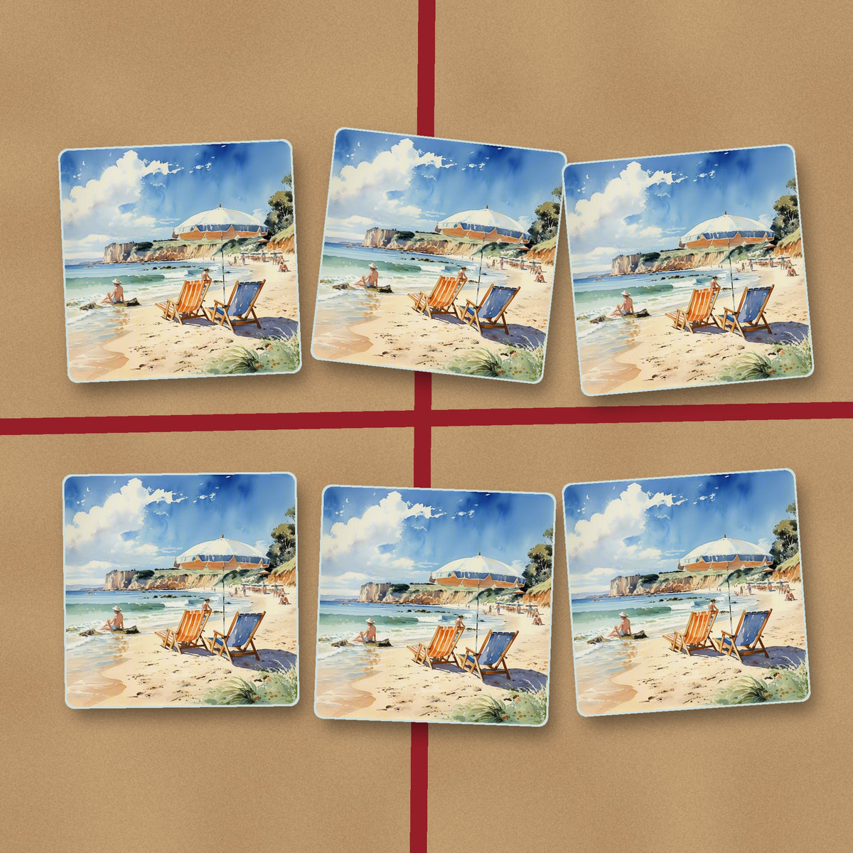 Watercolour Beach Deckchairs & Cliffs square glass coasters on kraft gift wrap