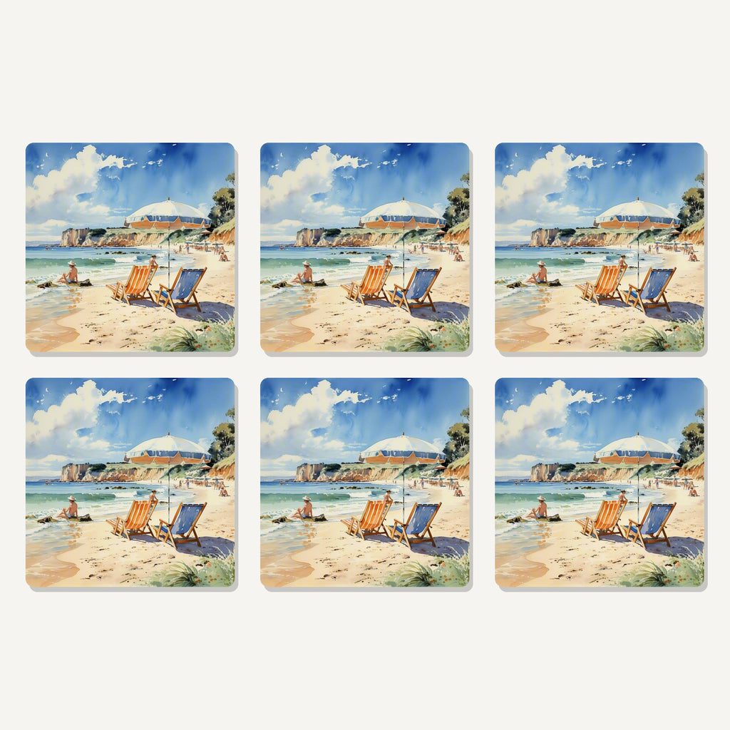 Flat lay of the watercolour beach deckchairs & cliffs artwork on six square coasters