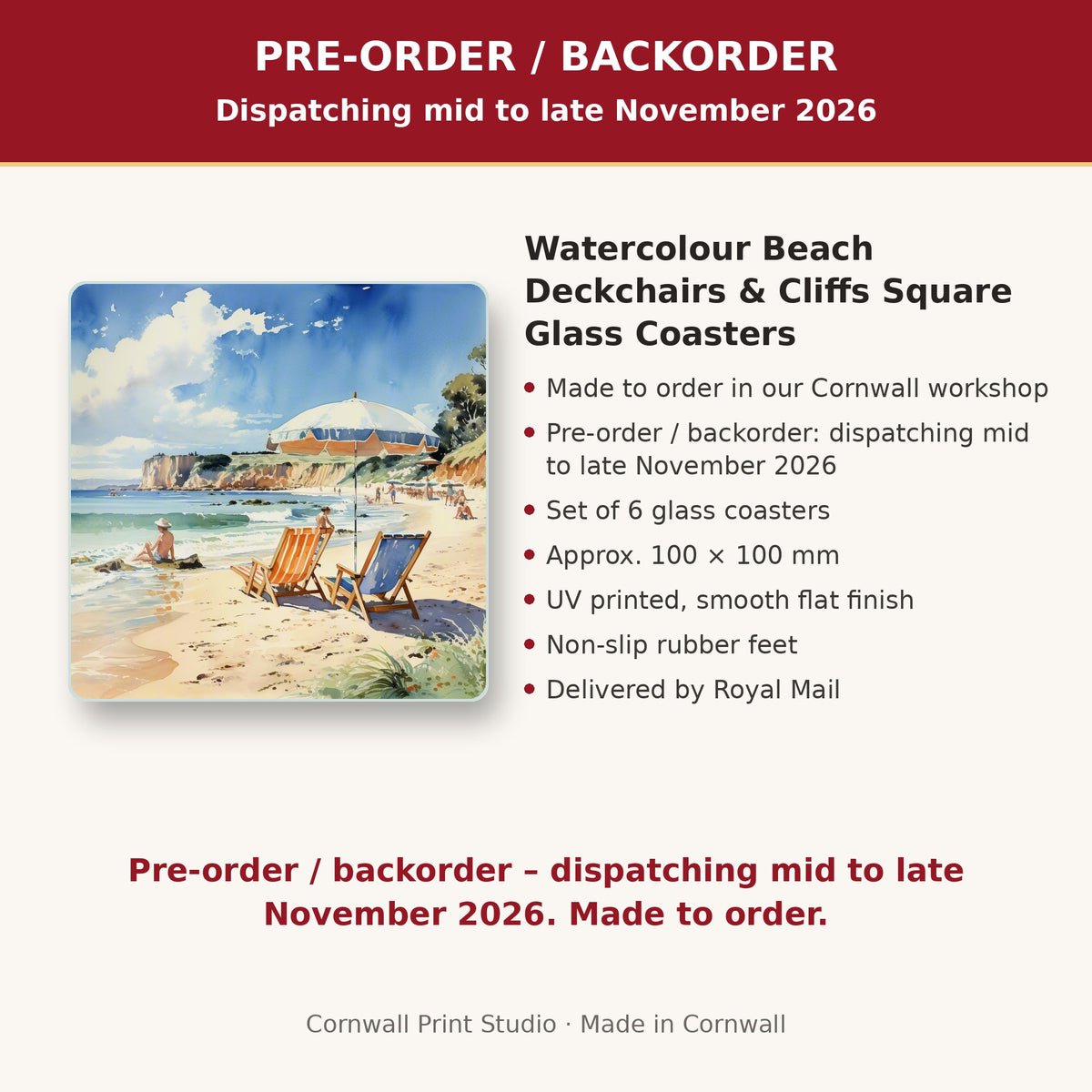 Info card: Watercolour Beach Deckchairs & Cliffs Square Glass Coasters – Set of 6, made to order, dispatching mid to late November 2026, delivered by Royal Mail