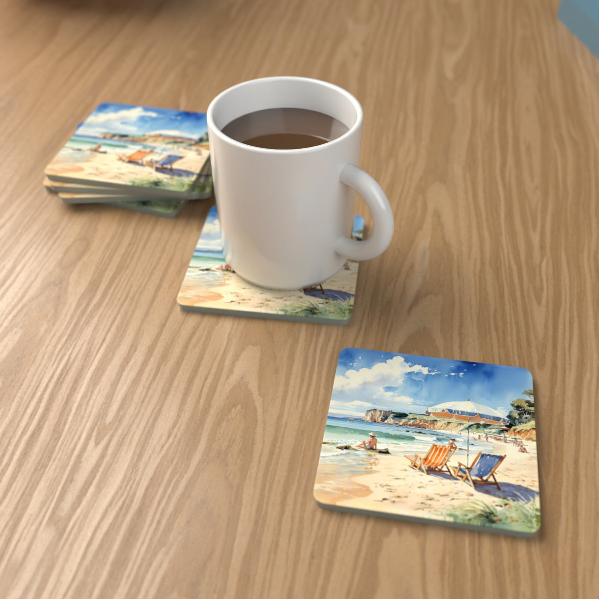 Watercolour Beach Deckchairs & Cliffs Square Glass Coasters – Set of 6 – lifestyle mockup with a mug of coffee