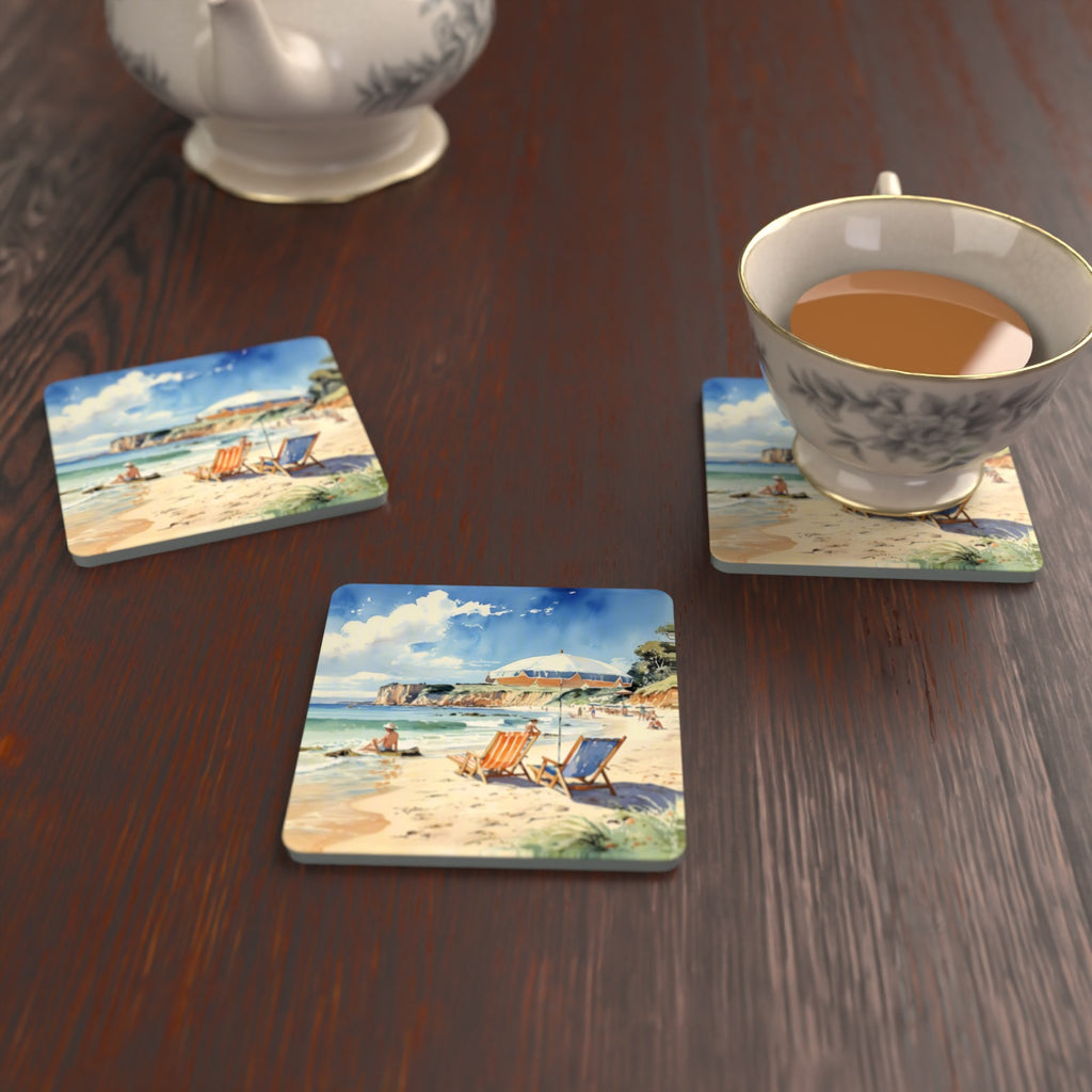 Watercolour Beach Deckchairs & Cliffs Square Glass Coasters – Set of 6 – lifestyle mockup with a teacup