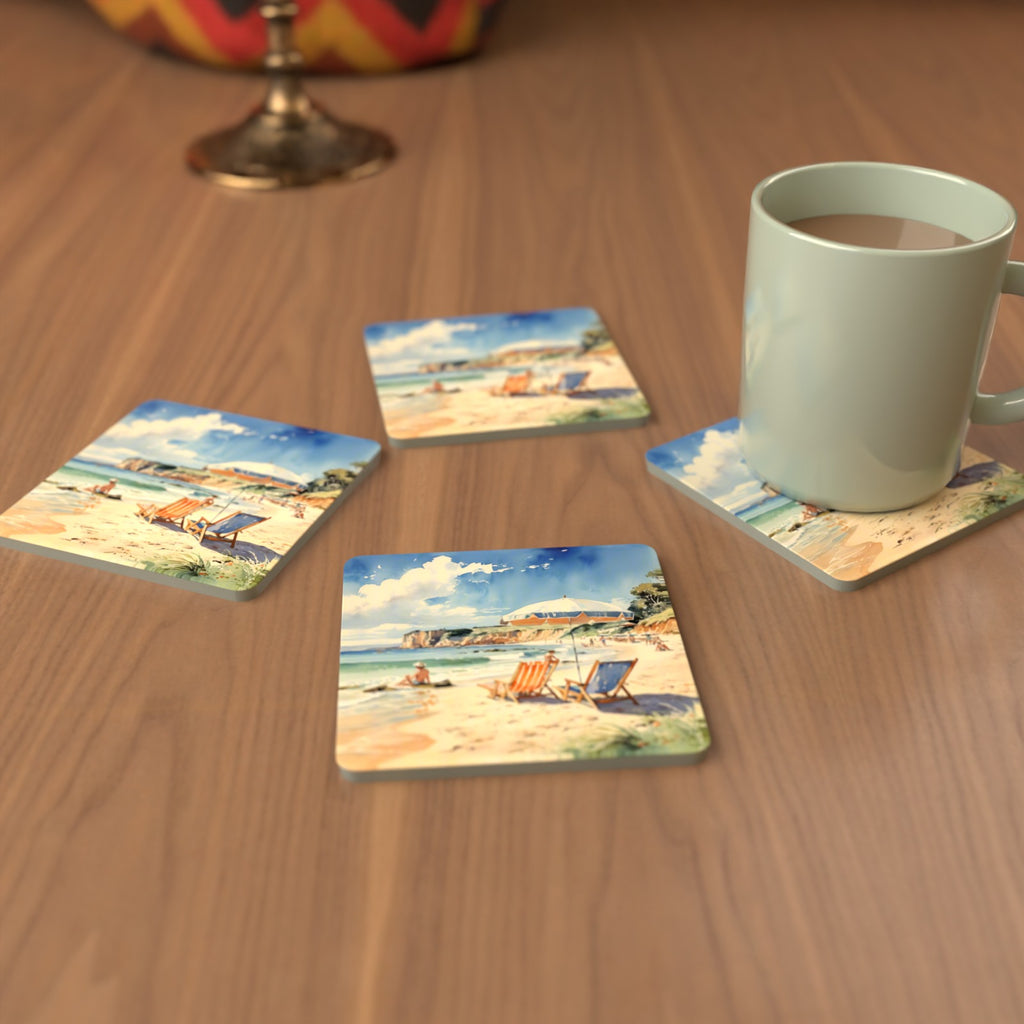 Watercolour Beach Deckchairs & Cliffs Square Glass Coasters – Set of 6 – cosy lifestyle mockup