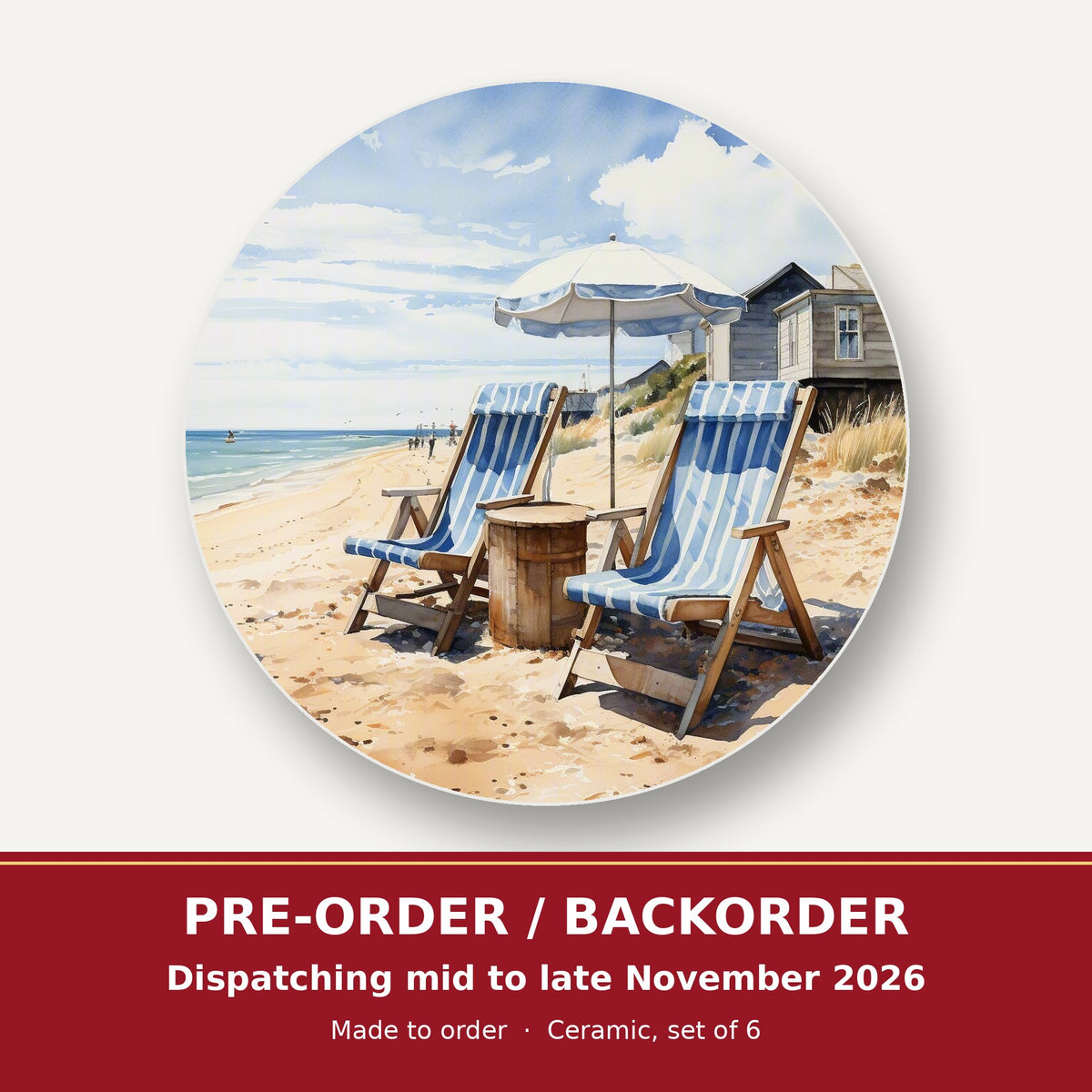 Striped Deckchairs by the Beach Hut round ceramic coaster set of 6 – pre-order / backorder, dispatching mid to late November 2026