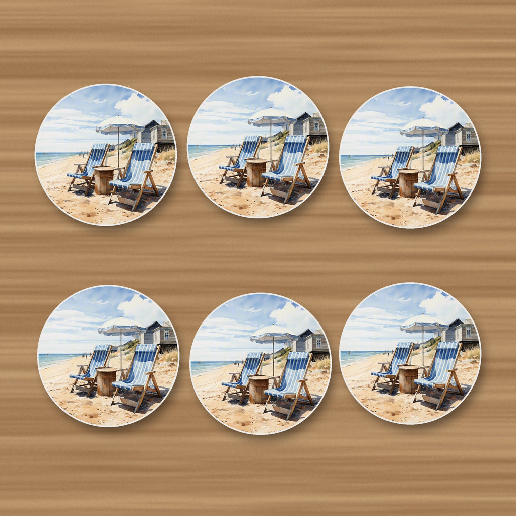 Striped Deckchairs by the Beach Hut round ceramic coasters, set of 6, on an oak coffee table