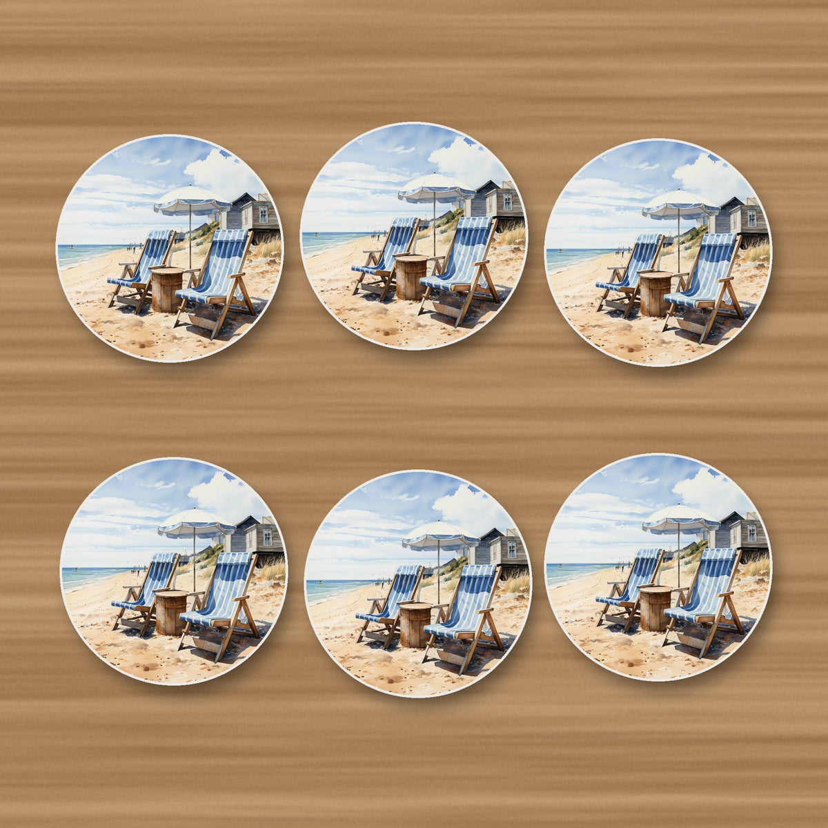 Striped Deckchairs by the Beach Hut round ceramic coasters, set of 6, on an oak coffee table