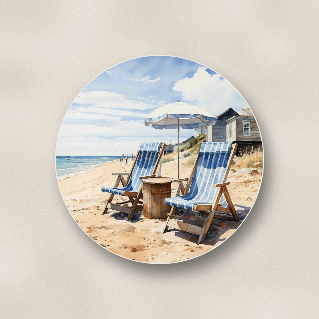 Close-up of one striped deckchairs by the beach hut round ceramic coaster, flat UV print