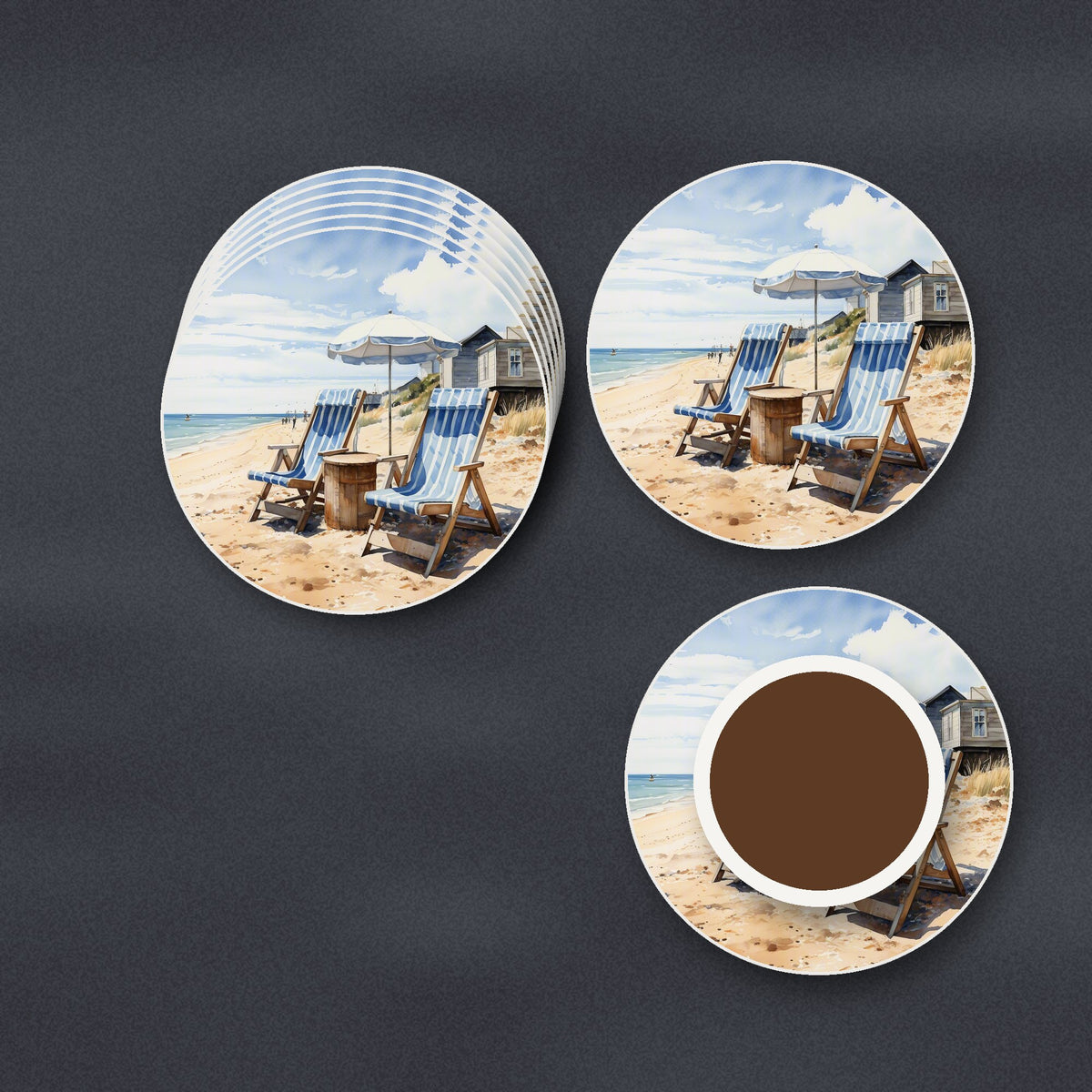 Striped Deckchairs by the Beach Hut round ceramic coasters stacked on a slate kitchen worktop